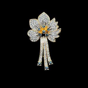 Vintage Flower Brooch Faux Blue Sapphire and Swarovski 18K Elec. Designer Signed